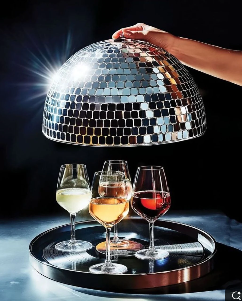 Calici di vino su un disco in vinile sotto una cloche disco